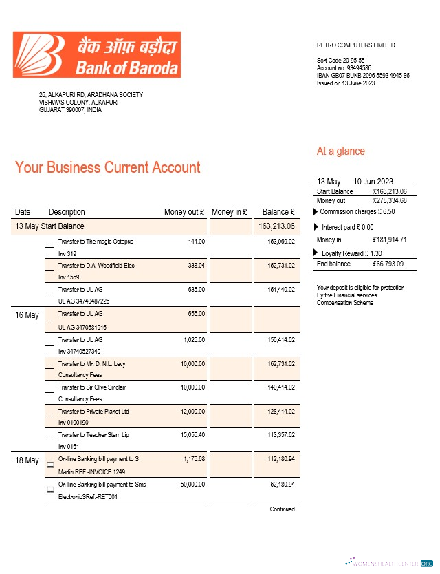 Download Bank of Baroda company checking account statement Word and PDF template Photoshop template